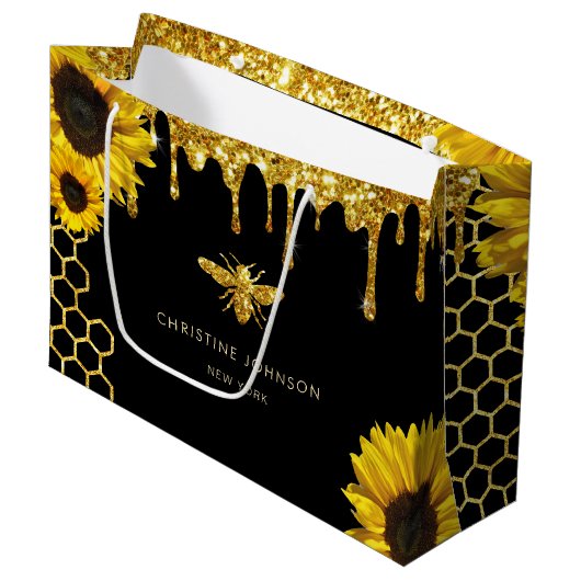 Faux glitter bij en zonnebloemen groot cadeauzakje