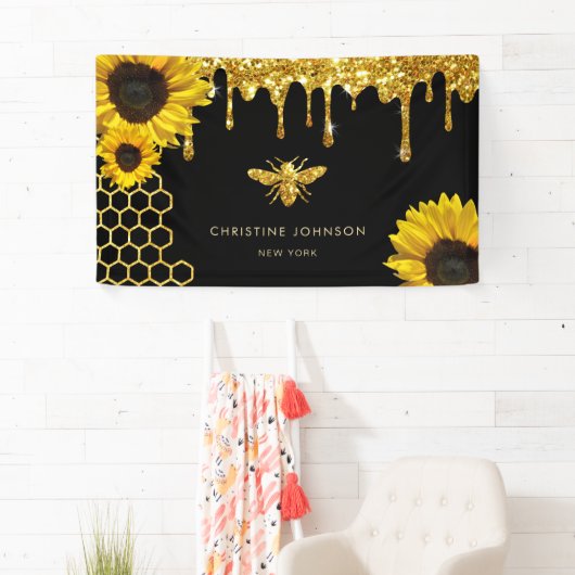 Faux glitter bij en zonnebloemen spandoek (Insitu)