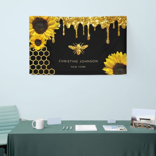 Faux glitter bij en zonnebloemen spandoek (Beurs)