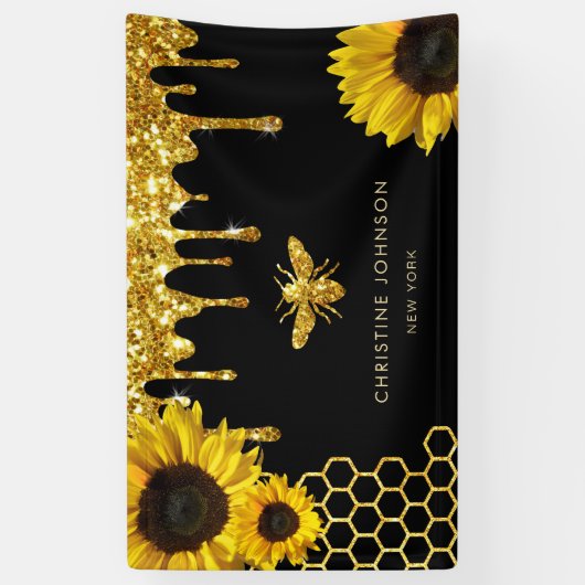 Faux glitter bij en zonnebloemen spandoek (Verticaal)