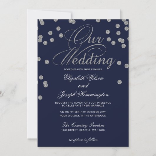 FAUX Glitter confetti navy and Silver bruiloft Kaart (Voorkant)