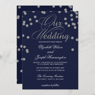 FAUX Glitter confetti navy and Silver bruiloft Kaart