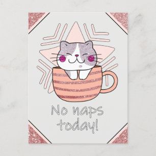 Faux Glitter, Cute Cat in Coffee Mok Briefkaart