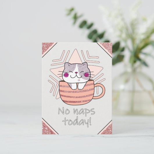 Faux Glitter, Cute Cat in Coffee Mok Briefkaart (Staand voorkant)