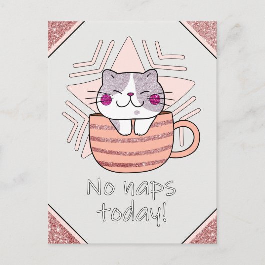 Faux Glitter, Cute Cat in Coffee Mok Briefkaart (Voorkant)