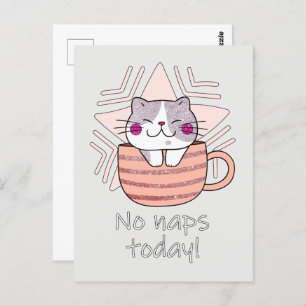 Faux Glitter, Cute Cat in Coffee Mok Briefkaart