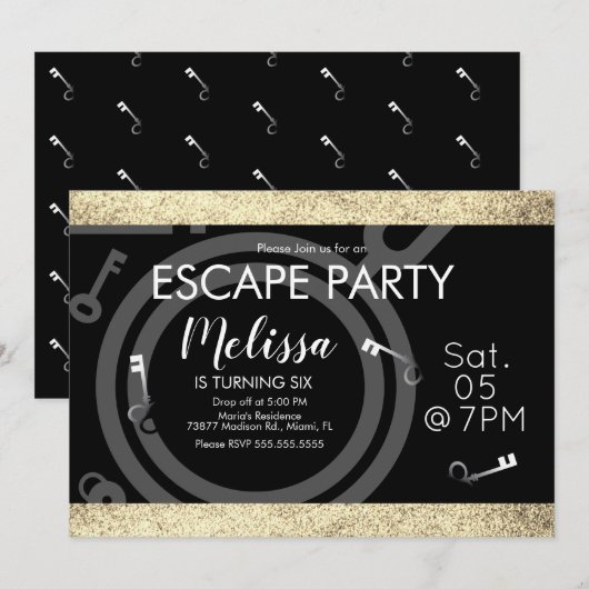 Faux Glitter Escape Room Birthday Black Gold Kaart (Voorkant / Achterkant)