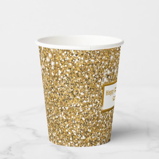 Faux Glitter Geel Glitter Textuur & Aangepaste Tek Papieren Bekers (Rechts)