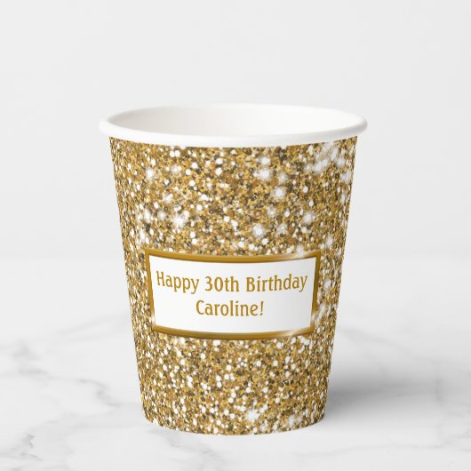 Faux Glitter Geel Glitter Textuur & Aangepaste Tek Papieren Bekers (Voorkant)