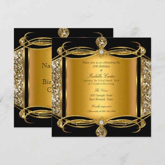 Faux Glitter Gold Diamond Black Birthday Party Kaart (Voorkant / Achterkant)