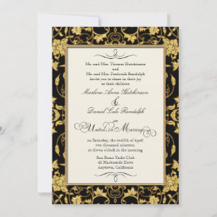 Faux Glitter Gold Floral Damask Formal Wedding Kaart