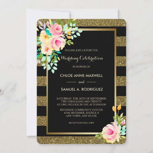 Faux Glitter Gold Stripe Rozen Weddenschap Kaart (Voorkant)