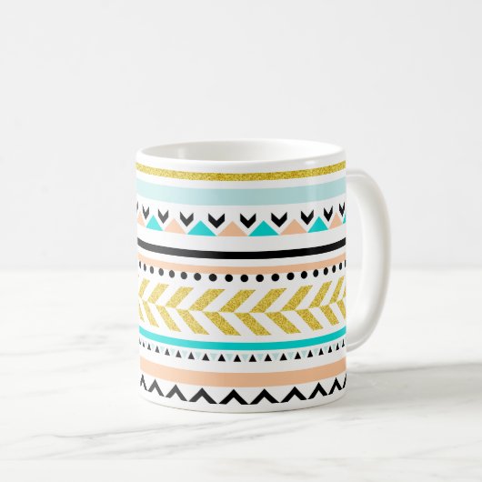 Faux Glitter Gold, Turquoise, Coral Aztec Pattern Koffiemok (Voorkant rechts)