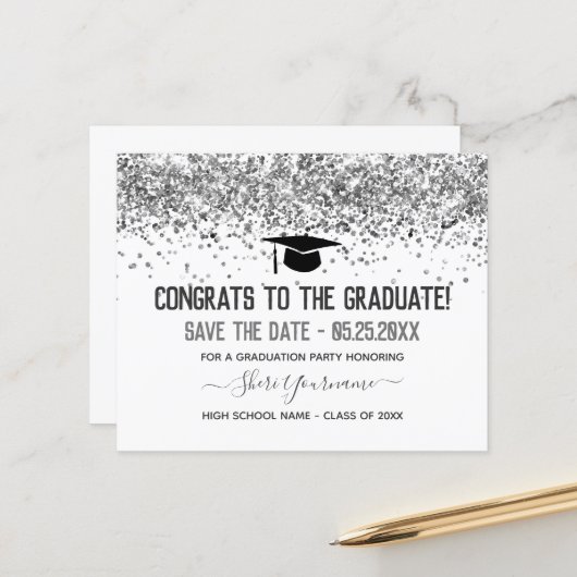 Faux Glitter Graduation Party Save the Date (Voorkant / Achterkant in situ)