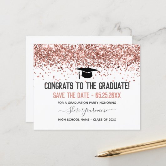 Faux Glitter Graduation Party Save the Date Invita (Voorkant / Achterkant in situ)