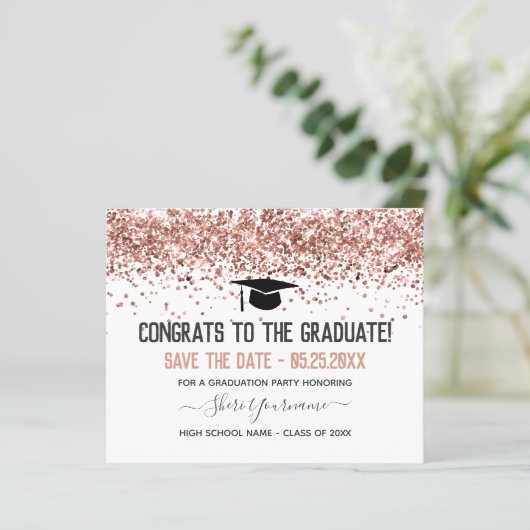 Faux Glitter Graduation Party Save the Date Invita (Staand voorkant)