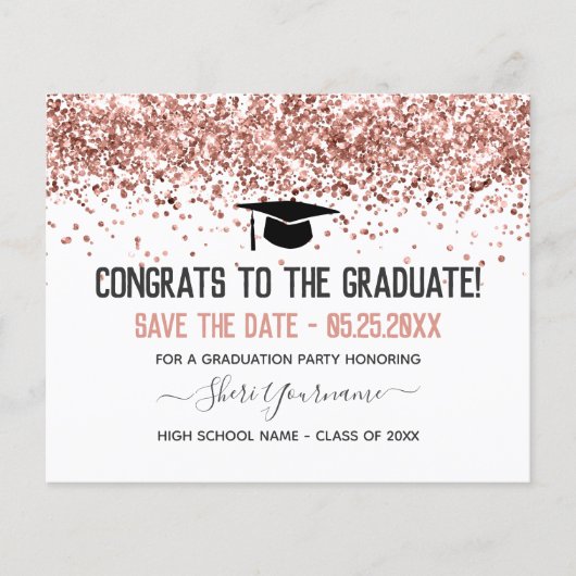 Faux Glitter Graduation Party Save the Date Invita (Voorkant)