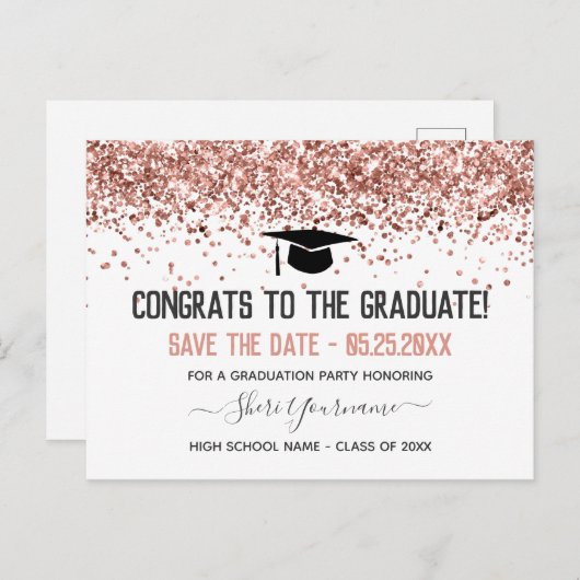 Faux Glitter Graduation Party Save the Date Invita Briefkaart (Voorkant / Achterkant)
