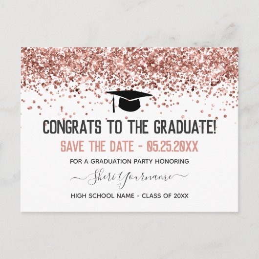 Faux Glitter Graduation Party Save the Date Invita Briefkaart (Voorkant)