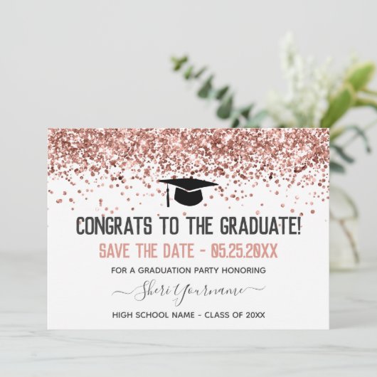 Faux Glitter Graduation Party Save the Date Kaart (Staand voorkant)
