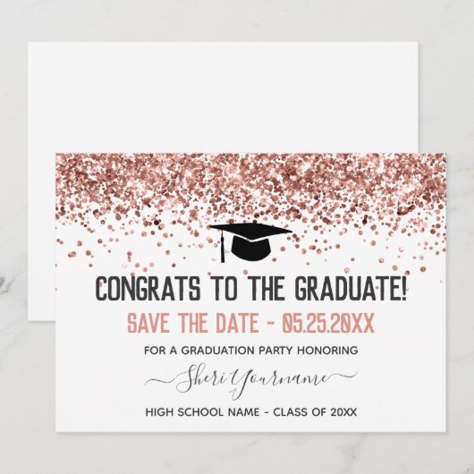 Faux Glitter Graduation Party Save the Date Kaart (Voorkant / Achterkant)