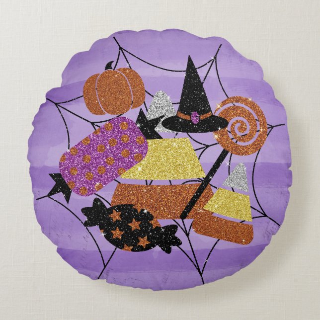 Faux Glitter Halloween Snoep Spider Web Collage Rond Kussen (Voorkant)