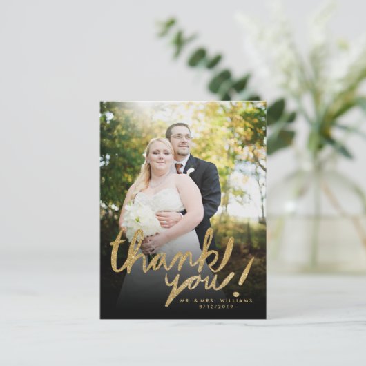 Faux Glitter Handwrite Foto bedankt Briefkaart (Staand voorkant)