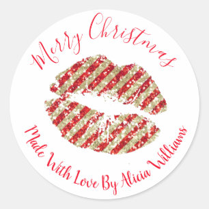 Faux Glitter Kerstlips Glitter Kisses Ronde Sticker