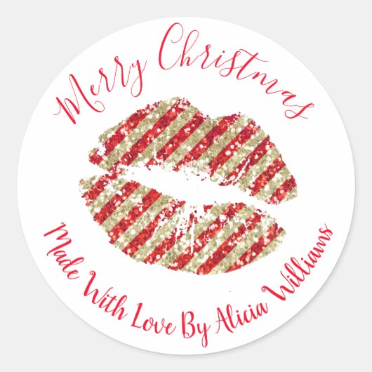 Faux Glitter Kerstlips Glitter Kisses Ronde Sticker (Voorkant)