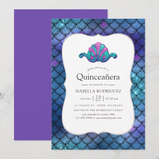 Faux Glitter Mermaid Scale Patroon Quinceanera Kaart (Voorkant / Achterkant)