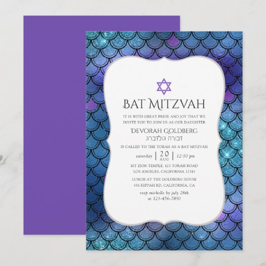Faux Glitter Mermaid Scale Pattern Bat Mitzvah Kaart (Voorkant / Achterkant)