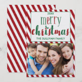 Faux Glitter Merry-kerstfotokaart met stripes Feestdagenkaart (Voorkant / Achterkant)
