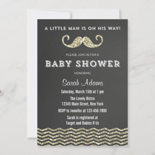 Faux Glitter Mustache Baby shower Uitnodiging (Voorkant)