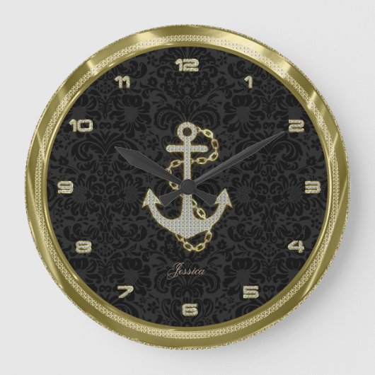 Faux Glitter Nautical Anchor Black Achtergrond 2 Grote Klok (Voorkant)