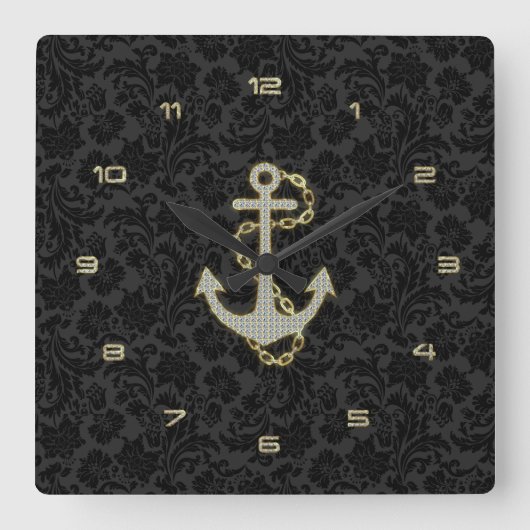 Faux Glitter Nautical Anchor Black Achtergrond Vierkante Klok (Voorkant)