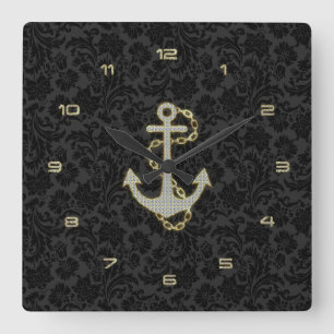 Faux Glitter Nautical Anchor Black Achtergrond Vierkante Klok