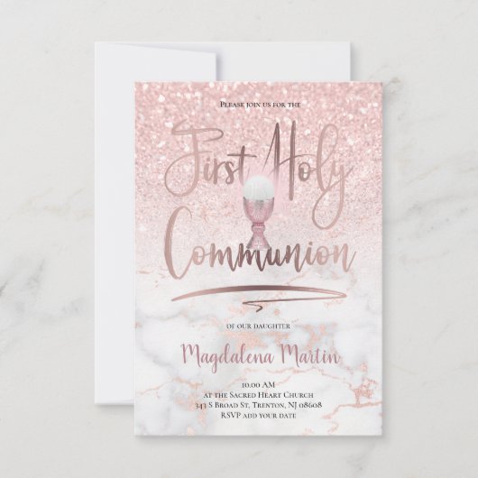 Faux glitter op roze marmer Eerste Heilige Communi Kaart (Voorkant)