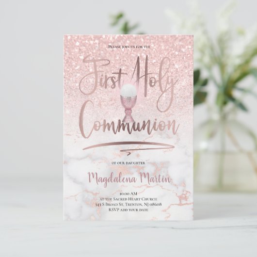 Faux glitter op roze marmer Eerste Heilige Communi Kaart (Staand voorkant)