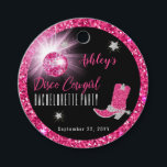 Faux Glitter Pink Cowgirl Bachelorette Bedankjes Labels<br><div class="desc">Doe je feest in retro 70's stijl met dit faux roze en zilveren glitter en roze disco mirror ball "Disco Cowgirl Bachelorette" partijontwerp. Composietontwerp door vakantieharten Design (gereserveerde rechten).</div>