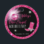 Faux Glitter Pink Cowgirl Bachelorette Bedankjes Labels<br><div class="desc">Doe je feest in retro 70's stijl met dit faux roze en zilveren glitter en roze disco mirror ball "Disco Cowgirl Bachelorette" partijontwerp. Composietontwerp door vakantieharten Design (gereserveerde rechten).</div>