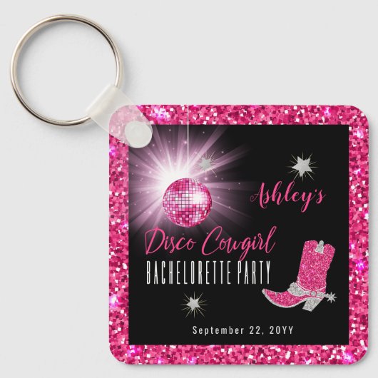 Faux Glitter Pink Cowgirl Bachelorette Sleutelhanger (Voorkant)