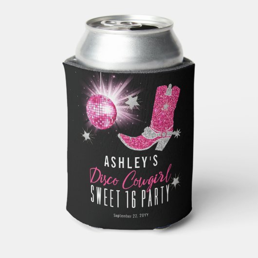 Faux Glitter Pink Disco Cowgirl Sweet 16 party Blikjeskoeler (Blikje Achterkant)