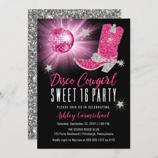 Faux Glitter Pink Disco Cowgirl Sweet 16 party Kaart (Voorkant / Achterkant)