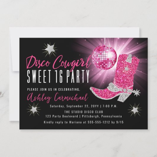 Faux Glitter Pink Disco Cowgirl Sweet 16 party Kaart (Voorkant)