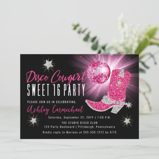 Faux Glitter Pink Disco Cowgirl Sweet 16 party Kaart (Staand voorkant)