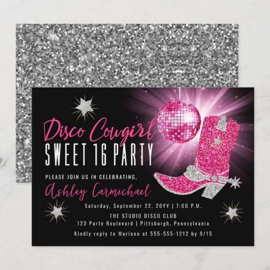 Faux Glitter Pink Disco Cowgirl Sweet 16 party Kaart (Voorkant / Achterkant)