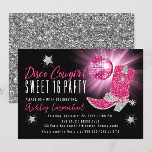 Faux Glitter Pink Disco Cowgirl Sweet 16 party Kaart
