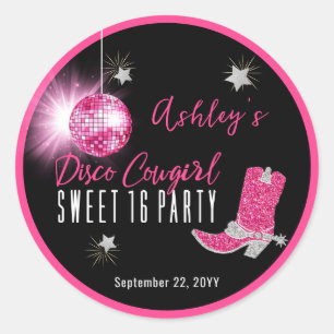 Faux Glitter Pink Disco Cowgirl Sweet 16 party Ronde Sticker