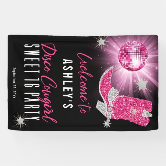 Faux Glitter Pink Disco Cowgirl Sweet 16 party Spandoek (Horizontaal)
