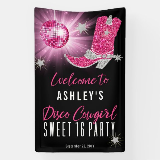 Faux Glitter Pink Disco Cowgirl Sweet 16 party Spandoek (Verticaal)